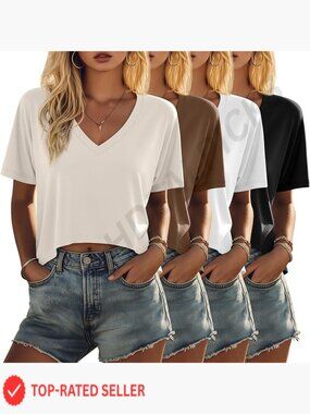 Women Oversized Crop Tees V Neck Short Sleeve Irregular Hem 4 Pack Summer Top